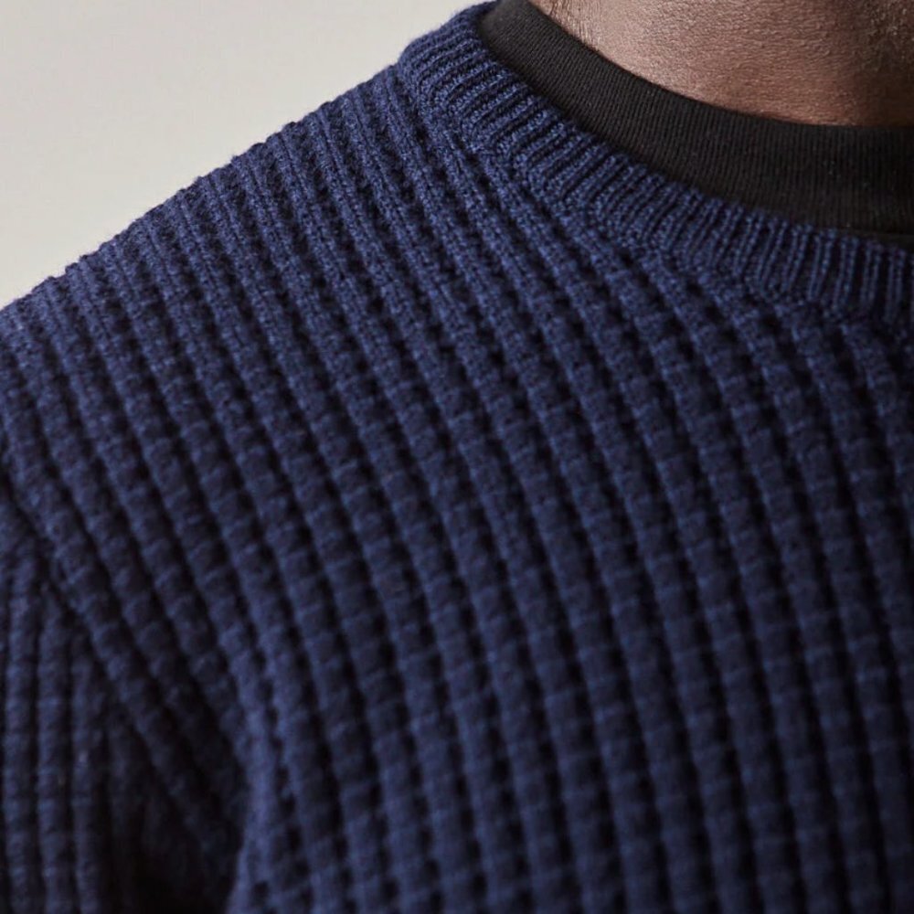Engineered Garments Crew Neck Fisherman Sweater in Navy‎ Waffle - Picture 3 of 11